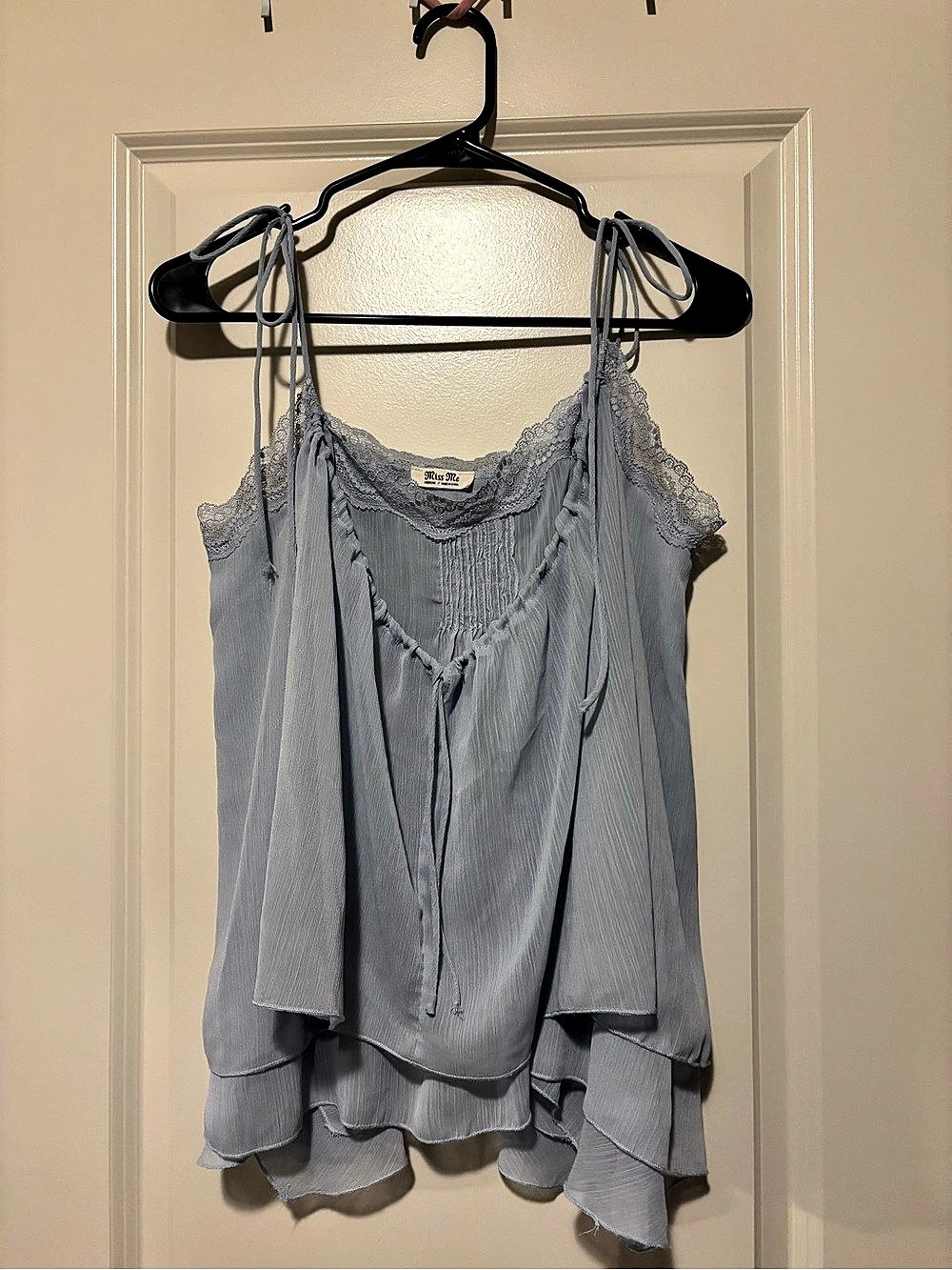 Miss Me Lace Trim Tiered Camisole in Blue Like New